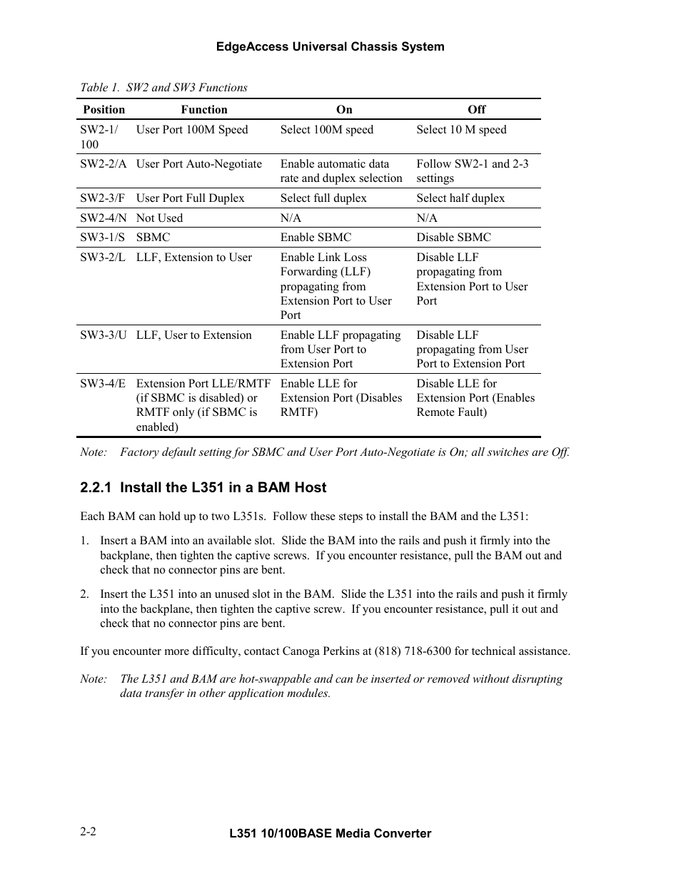 1install the l351 in a bam host, Install the l351 in a bam host -2, Table 1. sw2 and sw3 functions -2 | E 1. fo | CANOGA PERKINS L351 10/100BASE Media Converter User Manual | Page 11 / 53