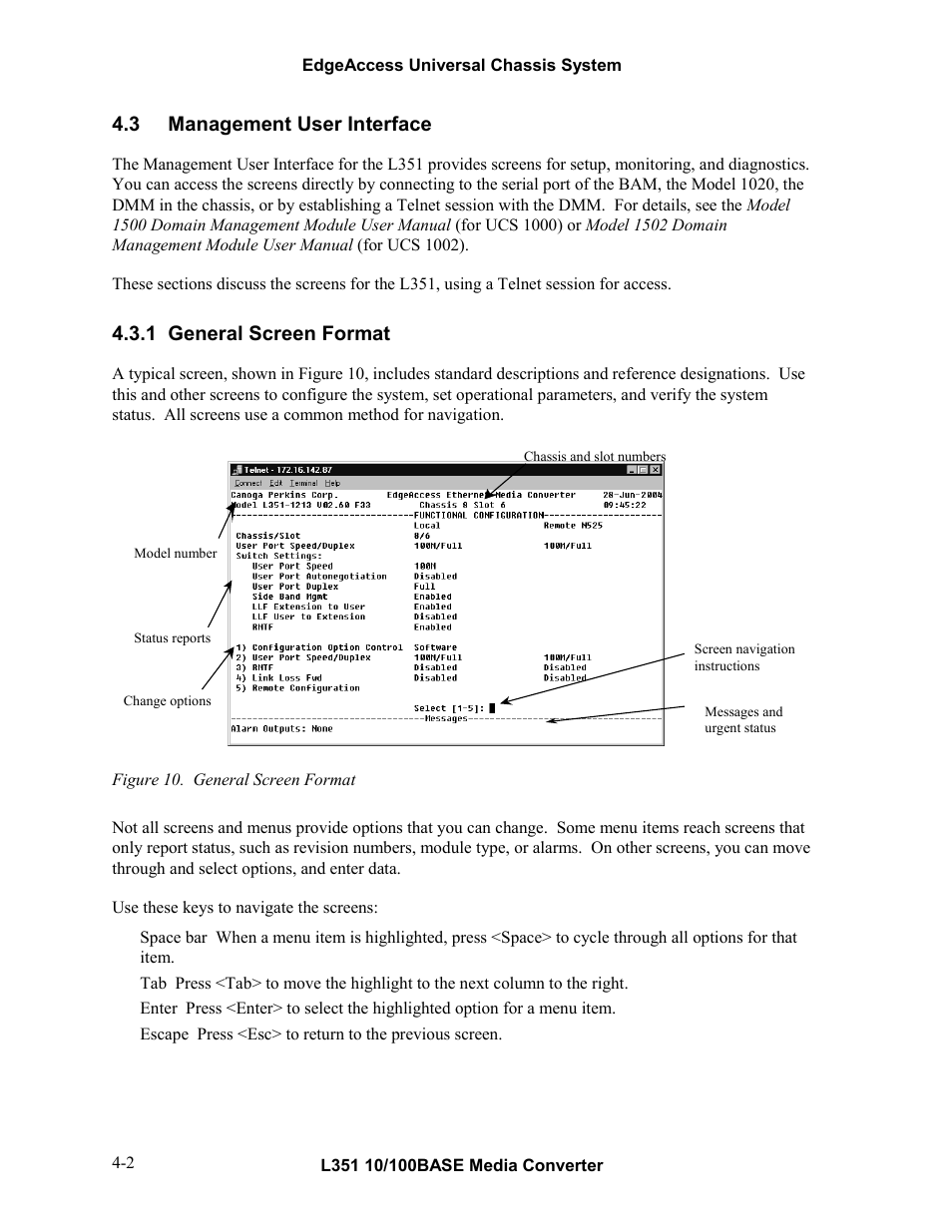 3management user interface, 1general screen format, Management user interface -2 | General screen format -2, Figure 10. general screen format -2 | CANOGA PERKINS L351 10/100BASE Media Converter User Manual | Page 21 / 53
