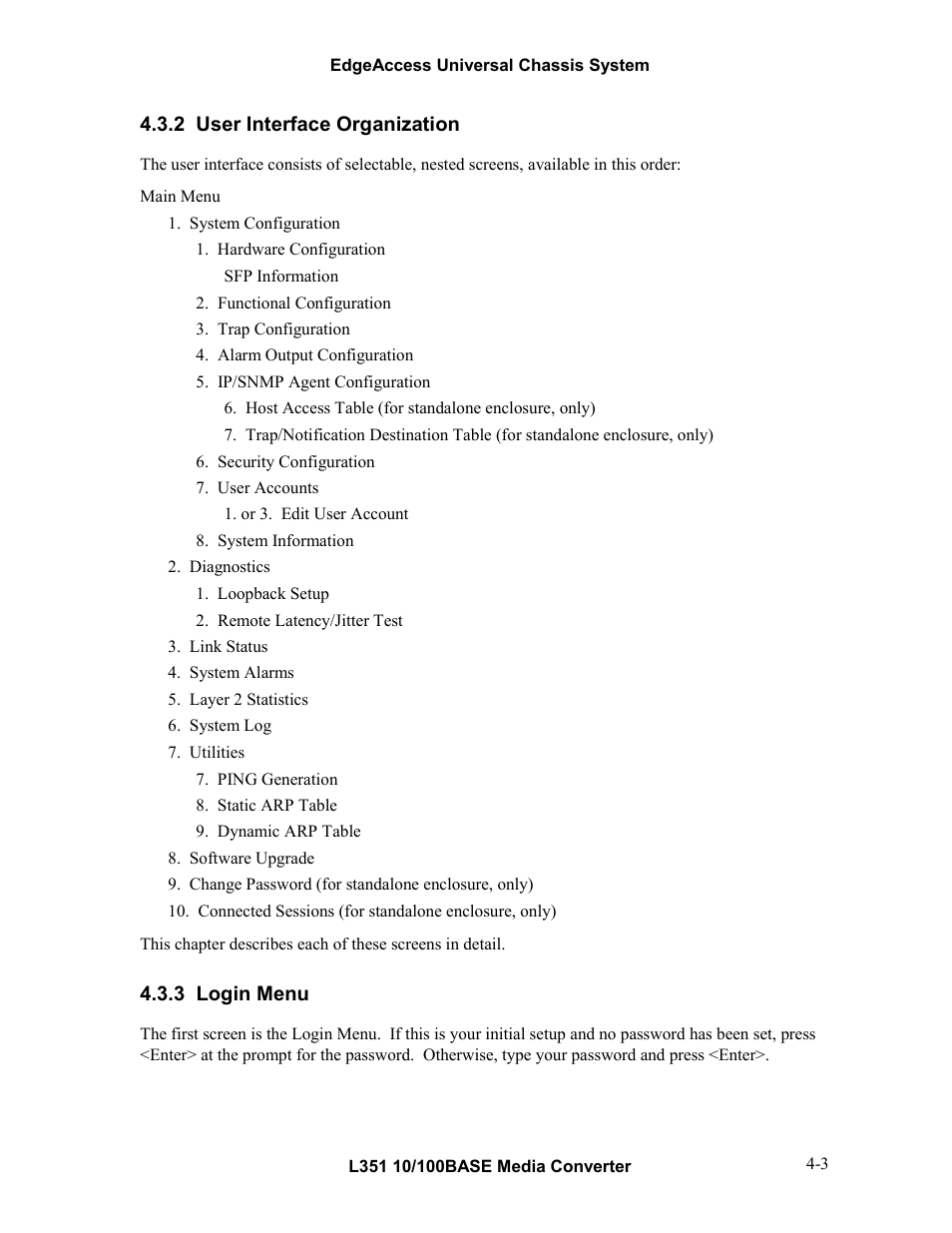 2user interface organization, 3login menu, User interface organization -3 | Login menu -3 | CANOGA PERKINS L351 10/100BASE Media Converter User Manual | Page 22 / 53