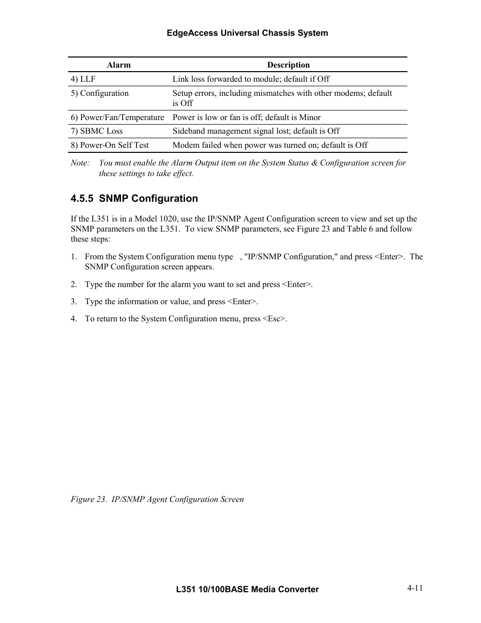 5snmp configuration, Snmp configuration -11, Figure 23. ip/snmp agent configuration screen -11 | 5 snmp configuration | CANOGA PERKINS L351 10/100BASE Media Converter User Manual | Page 30 / 53