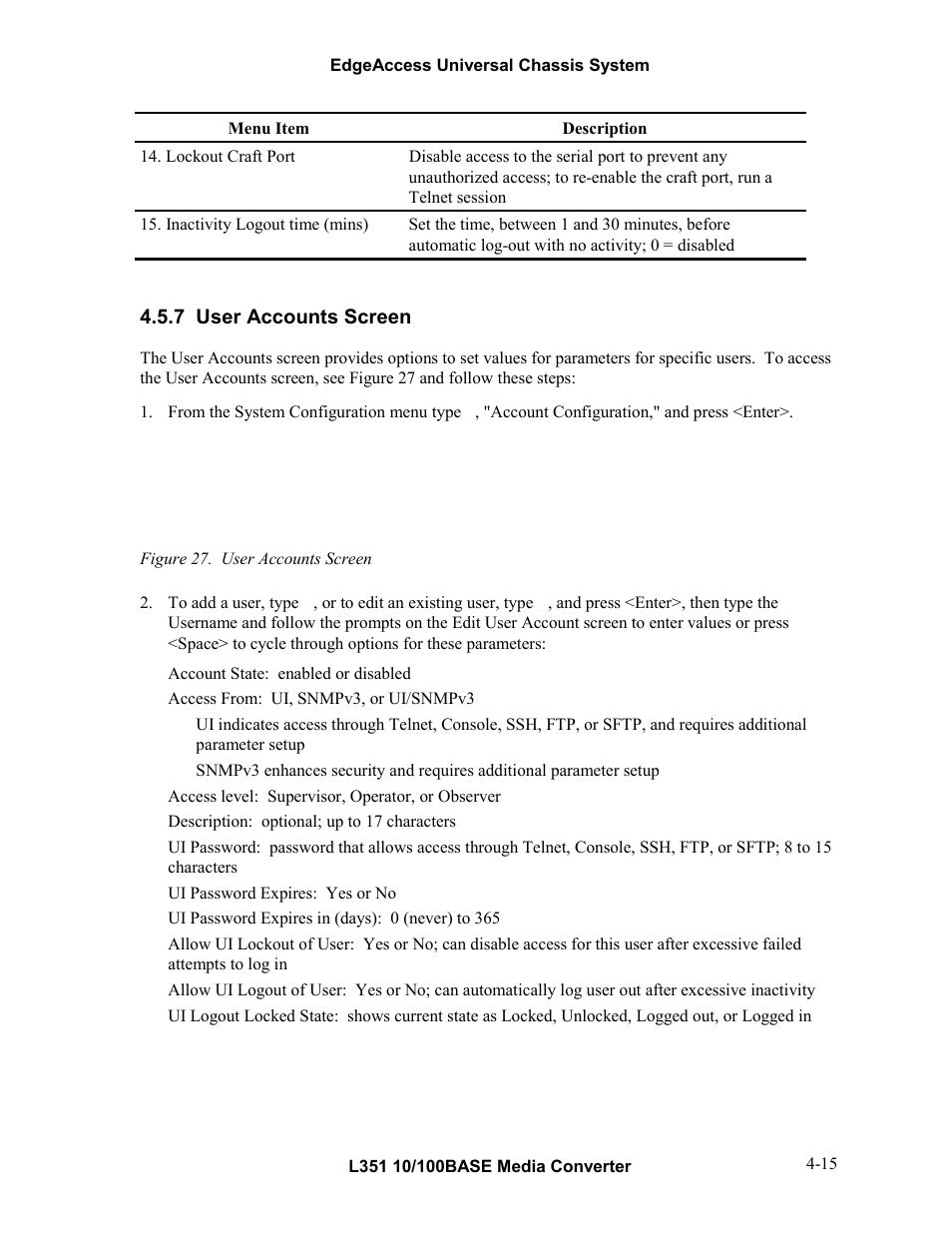 7user accounts screen, User accounts screen -15, Figure 27. user accounts screen -15 | 7 user accounts screen | CANOGA PERKINS L351 10/100BASE Media Converter User Manual | Page 34 / 53