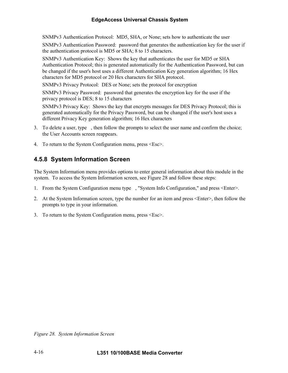 8system information screen, System information screen -16, Figure 28. system information screen -16 | 8 system information screen | CANOGA PERKINS L351 10/100BASE Media Converter User Manual | Page 35 / 53
