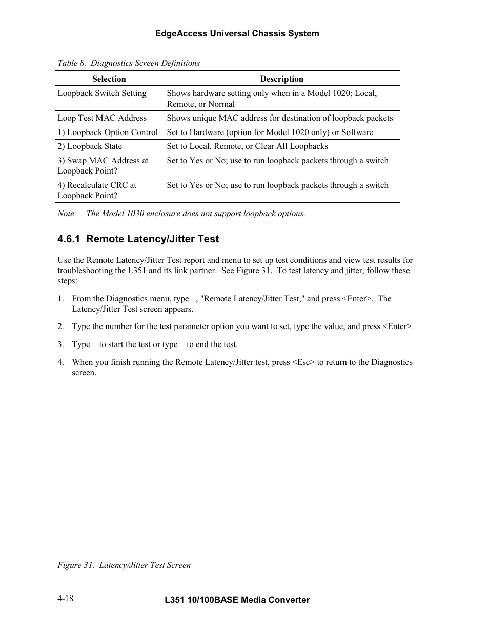 1remote latency/jitter test, Remote latency/jitter test -18, Figure 31. latency/jitter test screen -18 | Table 8. diagnostics screen definitions -18, 1 remote latency/jitter test | CANOGA PERKINS L351 10/100BASE Media Converter User Manual | Page 37 / 53