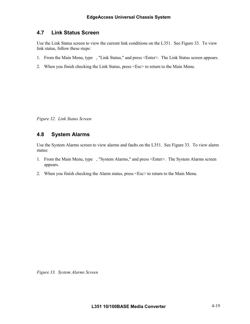 7link status screen, 8system alarms, Link status screen -19 | System alarms -19, 7 link status screen, 8 system alarms | CANOGA PERKINS L351 10/100BASE Media Converter User Manual | Page 38 / 53