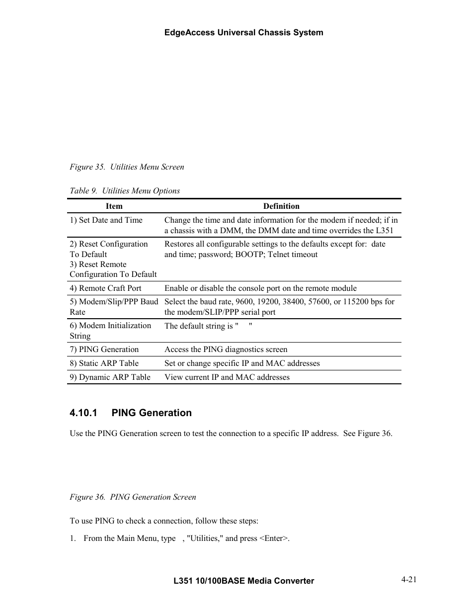 1ping generation, 1 ping generation -21, Table 9. utilities menu options -21 | CANOGA PERKINS L351 10/100BASE Media Converter User Manual | Page 40 / 53