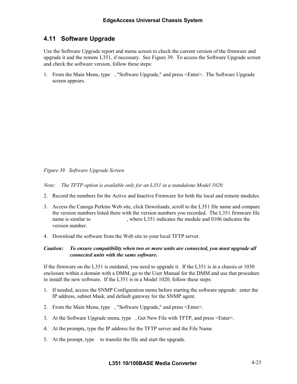 11software upgrade, Software upgrade -23, Figure 39. software upgrade screen -23 | 11 software upgrade | CANOGA PERKINS L351 10/100BASE Media Converter User Manual | Page 42 / 53