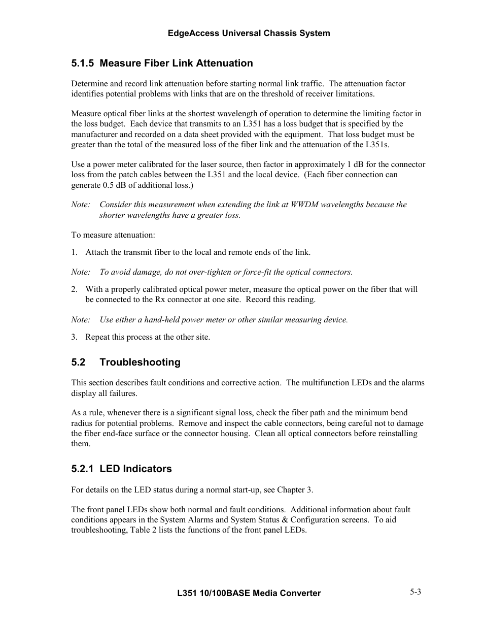 5measure fiber link attenuation, 2troubleshooting, 1led indicators | Measure fiber link attenuation -3, Troubleshooting -3, Led indicators -3 | CANOGA PERKINS L351 10/100BASE Media Converter User Manual | Page 46 / 53