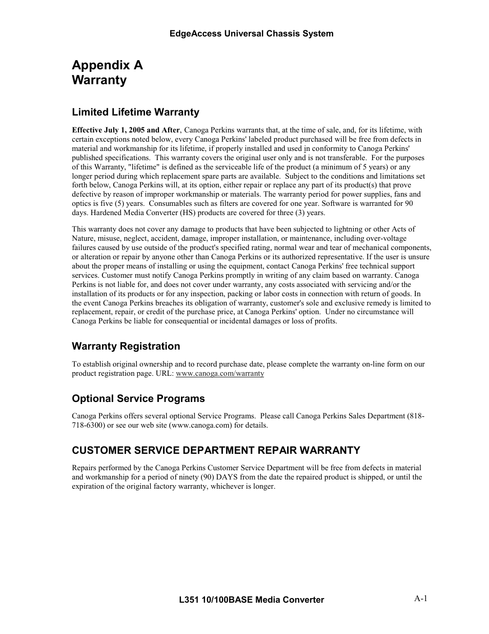 Appendix a warranty | CANOGA PERKINS L351 10/100BASE Media Converter User Manual | Page 50 / 53