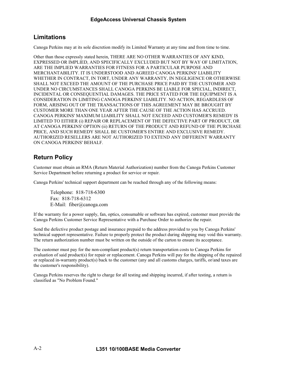 Limitations, Return policy | CANOGA PERKINS L351 10/100BASE Media Converter User Manual | Page 51 / 53