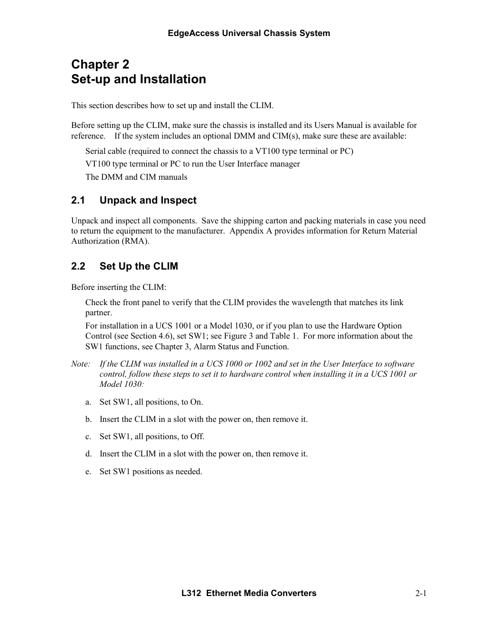 Chapter 2 set-up and installation, 1unpack and inspect, 2set up the clim | Chapter 2 set-up and installation -1, Unpack and inspect -1, Set up the clim -1 | CANOGA PERKINS L312 Ethernet Media Converter User Manual | Page 11 / 38