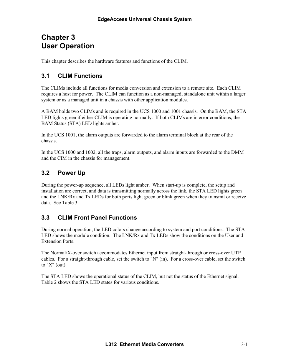Chapter 3 user operation, 1clim functions, 2power up | 3clim front panel functions, Chapter 3 user operation -1, Clim functions -1, Power up -1, Clim front panel functions -1 | CANOGA PERKINS L312 Ethernet Media Converter User Manual | Page 15 / 38
