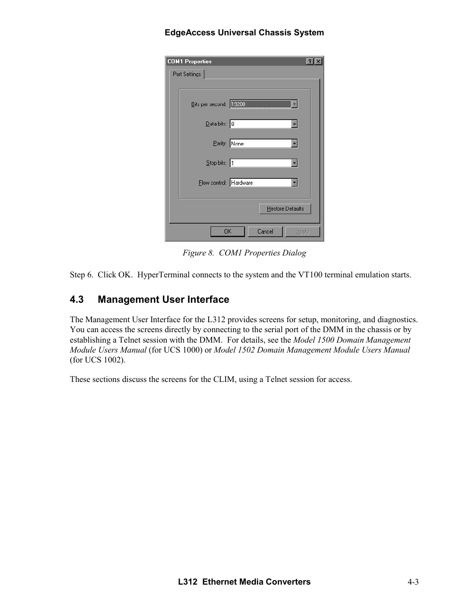 3management user interface, Management user interface -3, Figure 8. com1 properties dialog -3 | CANOGA PERKINS L312 Ethernet Media Converter User Manual | Page 21 / 38
