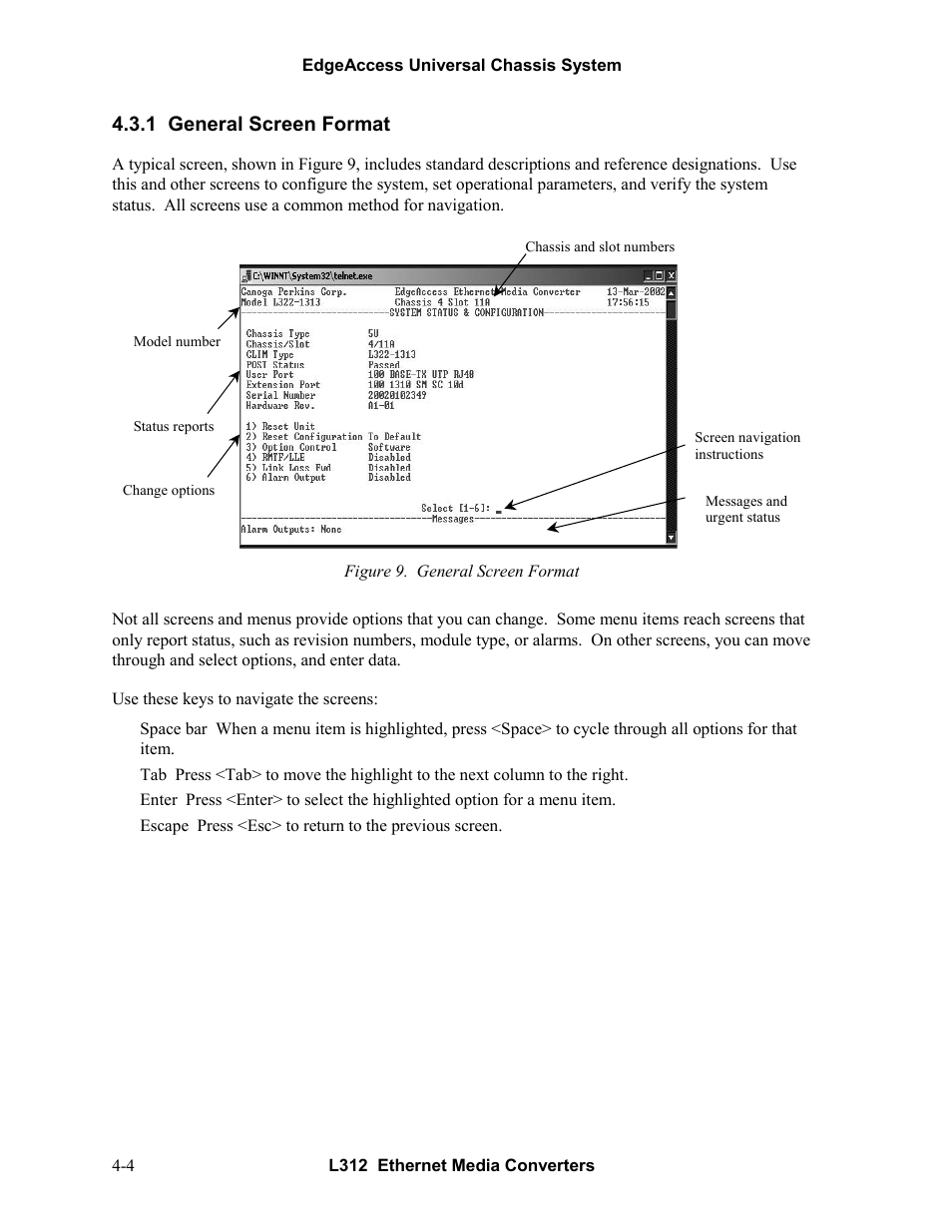 1general screen format, General screen format -4, Figure 9. general screen format -4 | 1 general screen format | CANOGA PERKINS L312 Ethernet Media Converter User Manual | Page 22 / 38