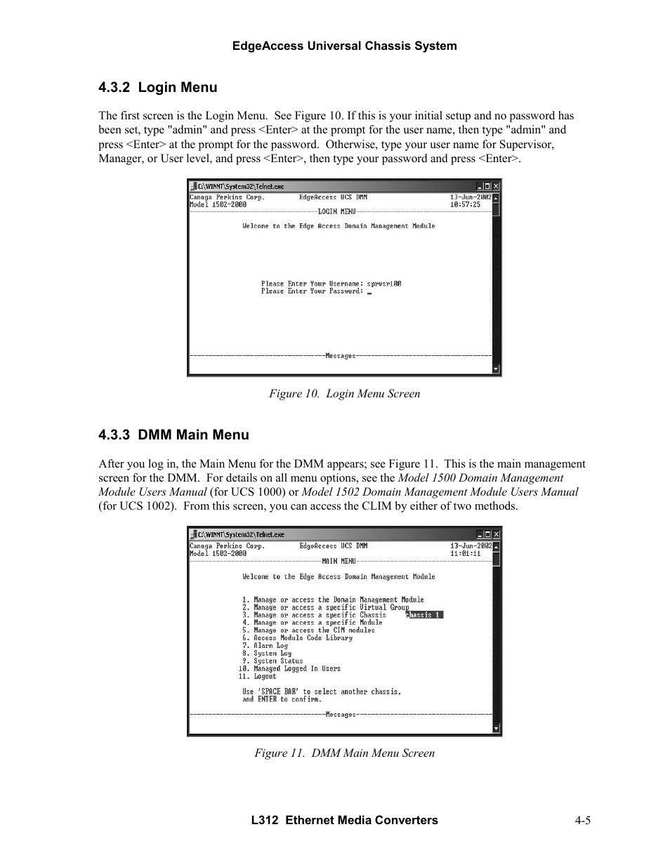 2login menu, 3dmm main menu, Login menu -5 | Dmm main menu -5 | CANOGA PERKINS L312 Ethernet Media Converter User Manual | Page 23 / 38
