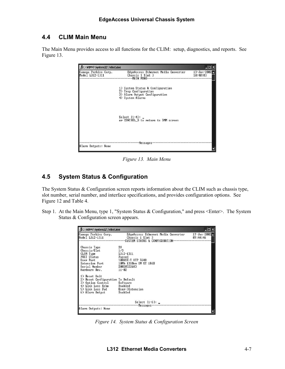 4clim main menu, 5system status & configuration, Clim main menu -7 | System status & configuration -7 | CANOGA PERKINS L312 Ethernet Media Converter User Manual | Page 25 / 38