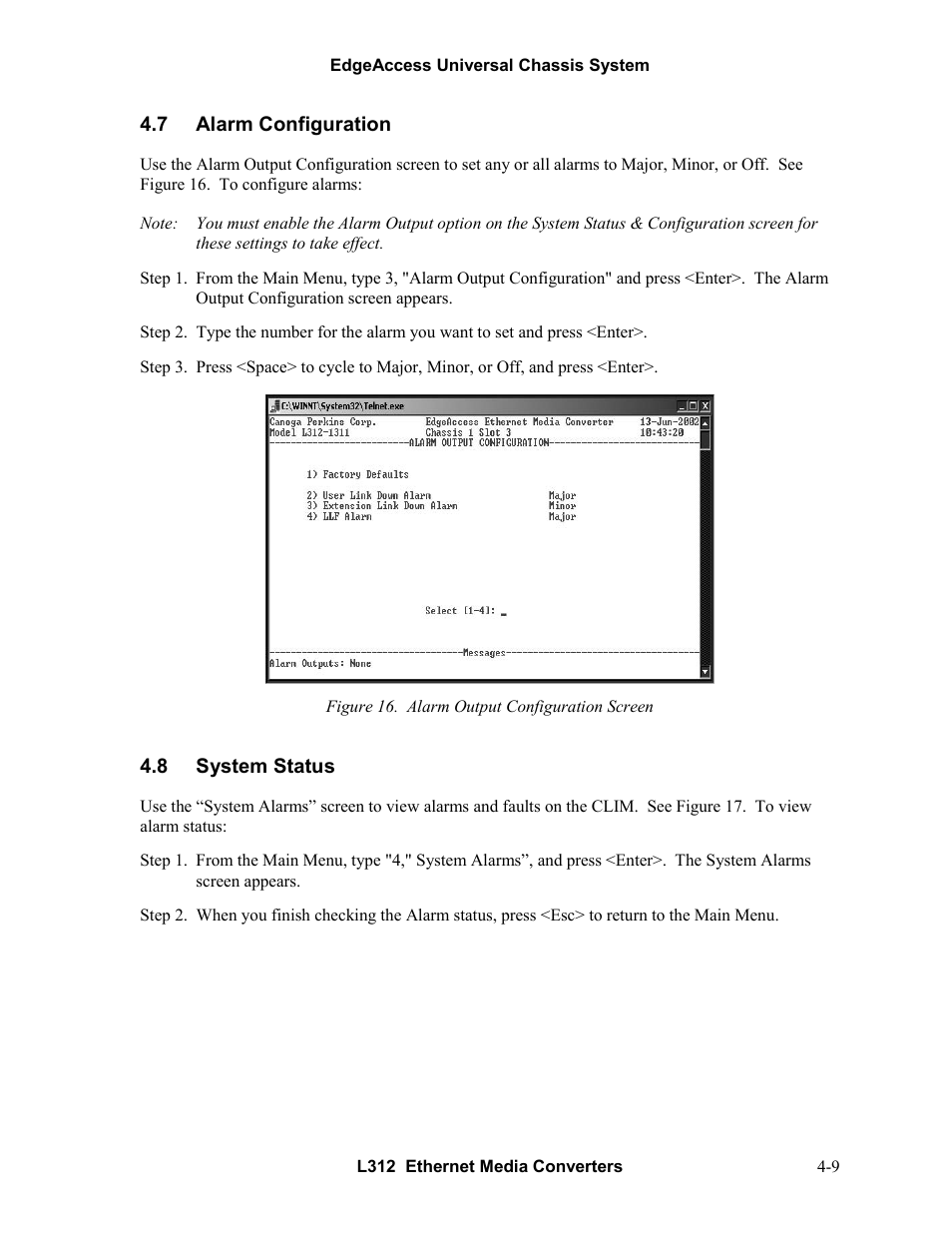 7alarm configuration, 8system status, Alarm configuration -9 | System status -9, Figure 16. alarm output configuration screen -9 | CANOGA PERKINS L312 Ethernet Media Converter User Manual | Page 27 / 38