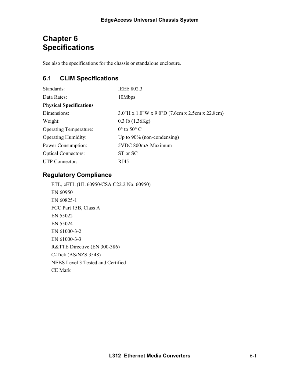 Chapter 6 specifications, 1clim specifications, Chapter 6 specifications -1 | Clim specifications -1 | CANOGA PERKINS L312 Ethernet Media Converter User Manual | Page 33 / 38
