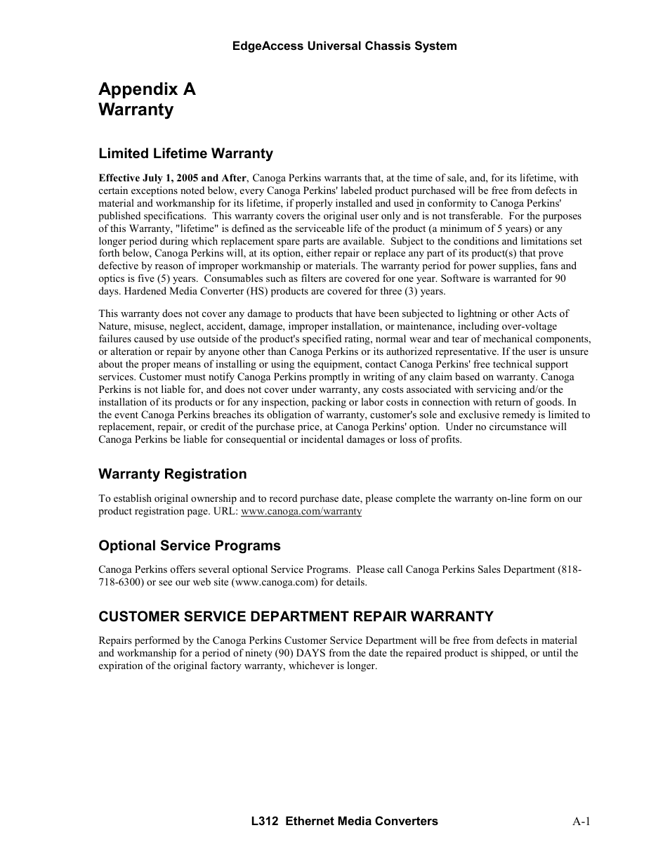 Appendix a warranty | CANOGA PERKINS L312 Ethernet Media Converter User Manual | Page 35 / 38