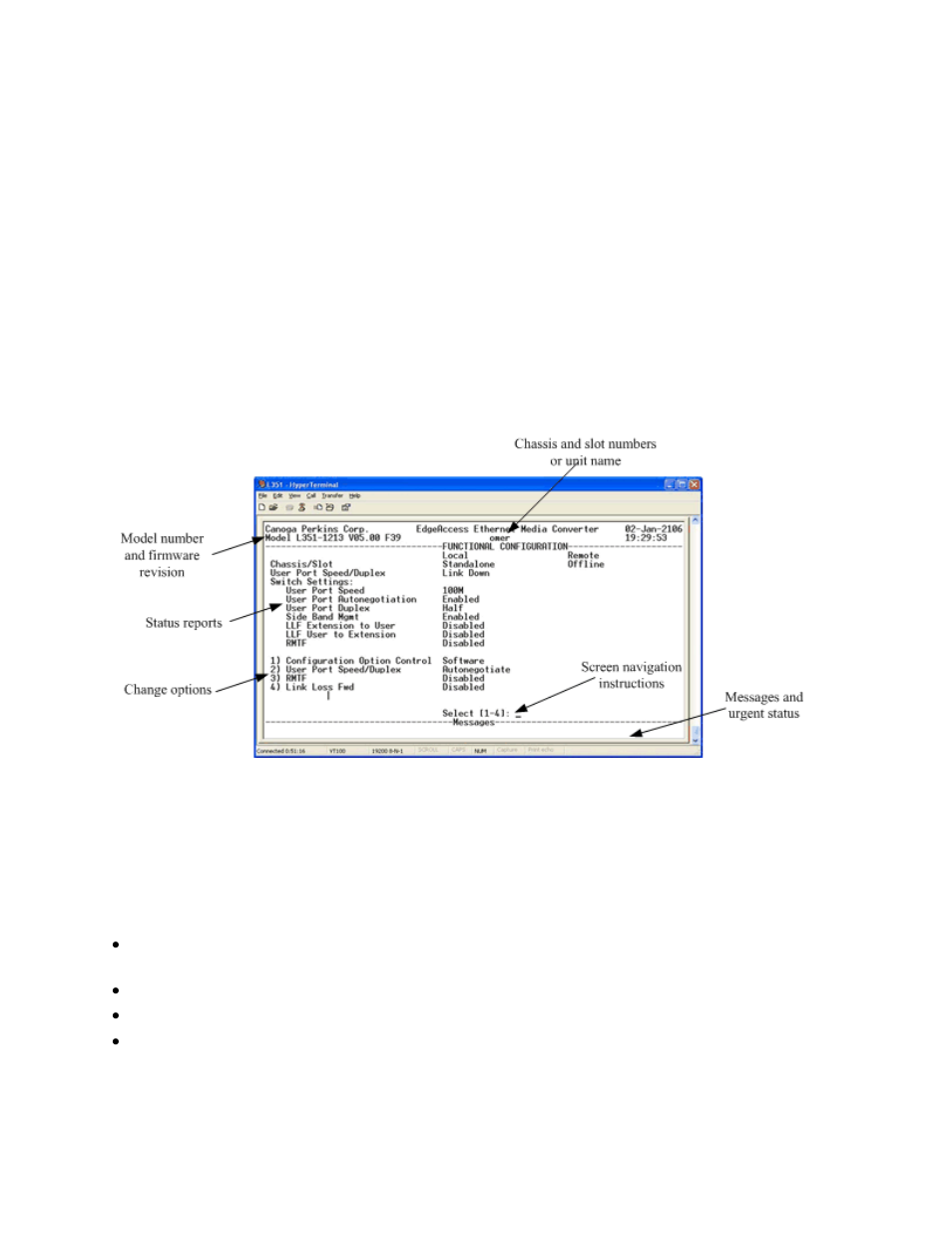 3 management user interface, 1 general screen format, Management user interface -2 | General screen format -2, Figure 4-1. general screen format -2 | CANOGA PERKINS L351 10/100BASE Media Converter User Manual | Page 26 / 76