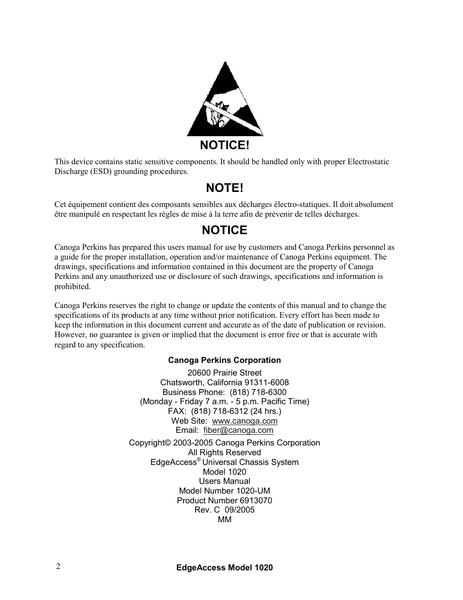 Notice | CANOGA PERKINS 1020 Standalone Enclosure User Manual | Page 2 / 8