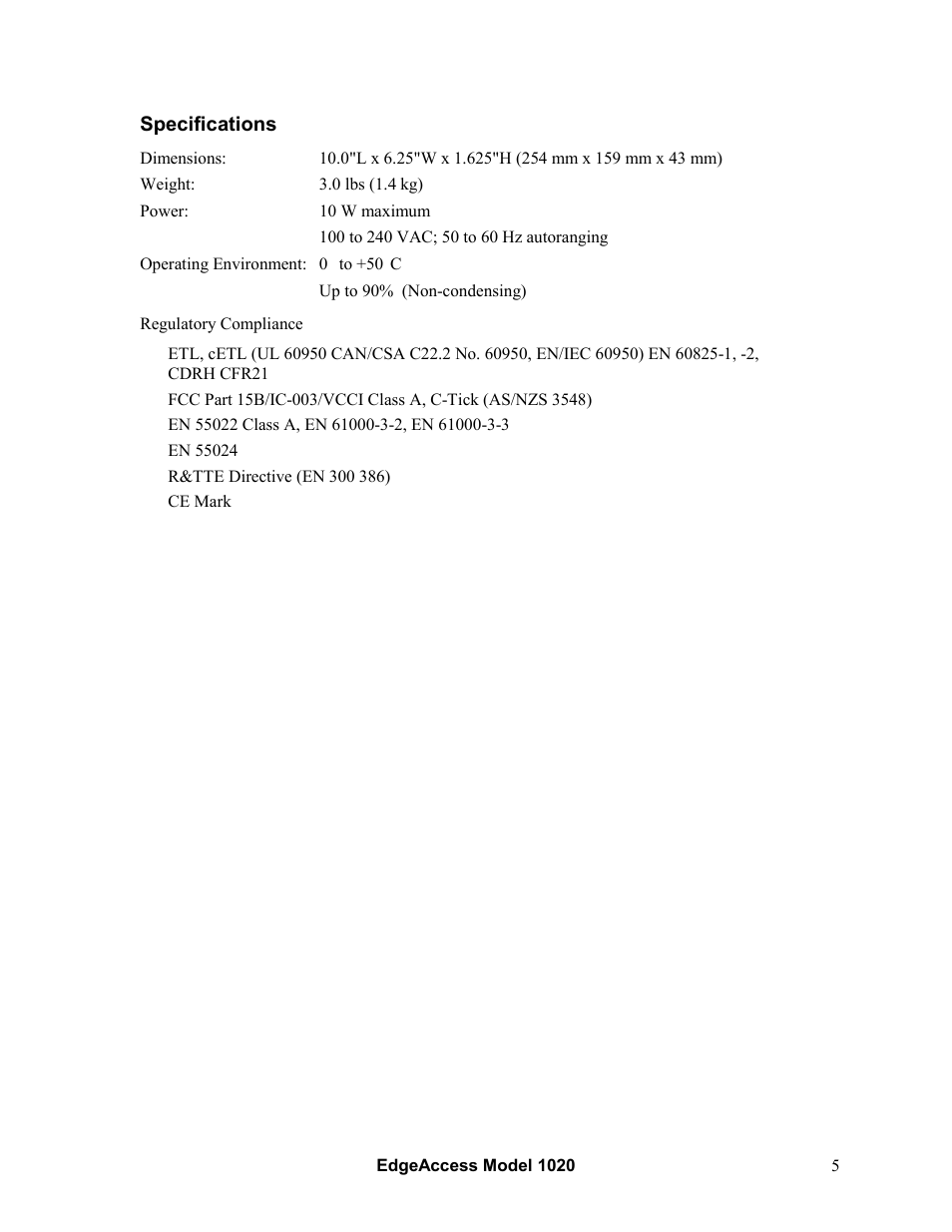 Specifications | CANOGA PERKINS 1020 Standalone Enclosure User Manual | Page 5 / 8