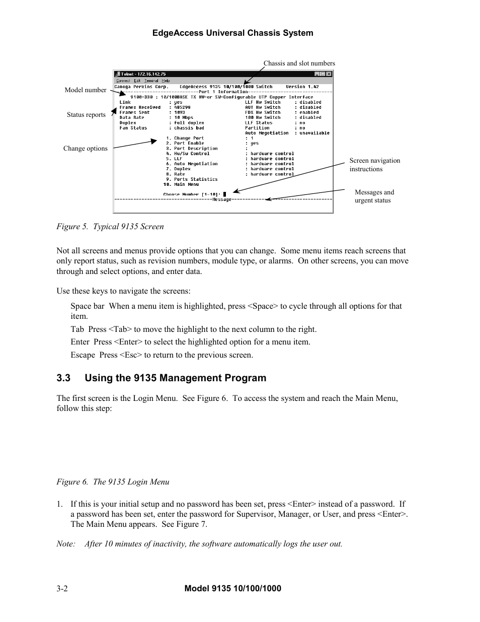 3using the 9135 management program, Using the 9135 management program -2 | CANOGA PERKINS 9135 SNMP Managed 10/100/1000 Ethernet Switch User Manual | Page 18 / 54