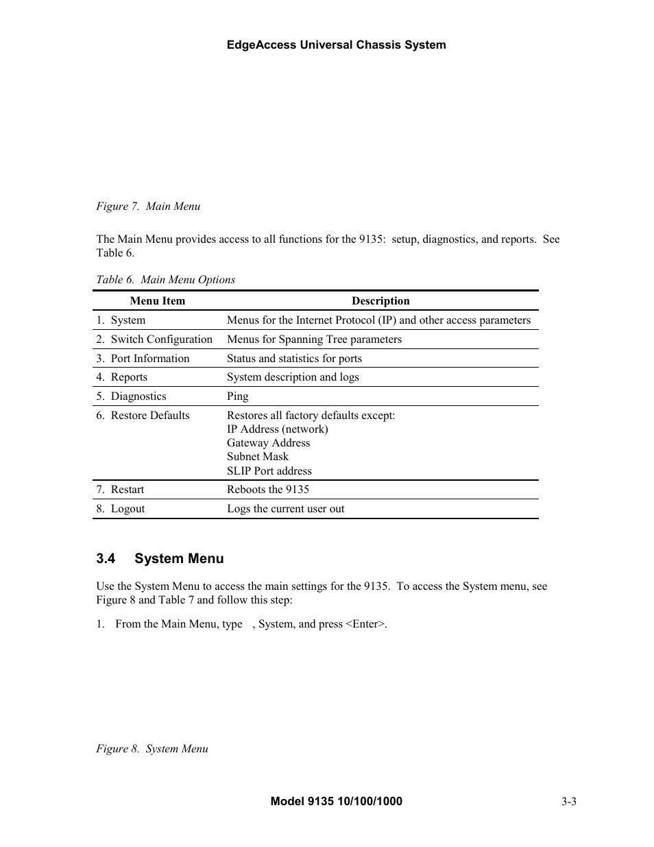 4system menu, System menu -3, Figure 7. main menu -3 figure 8. system menu -3 | Table 6. main menu options -3, 4 system menu | CANOGA PERKINS 9135 SNMP Managed 10/100/1000 Ethernet Switch User Manual | Page 19 / 54