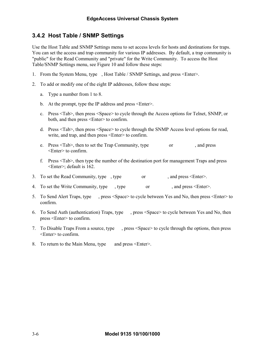 2host table / snmp settings, Host table / snmp settings -6 | CANOGA PERKINS 9135 SNMP Managed 10/100/1000 Ethernet Switch User Manual | Page 22 / 54