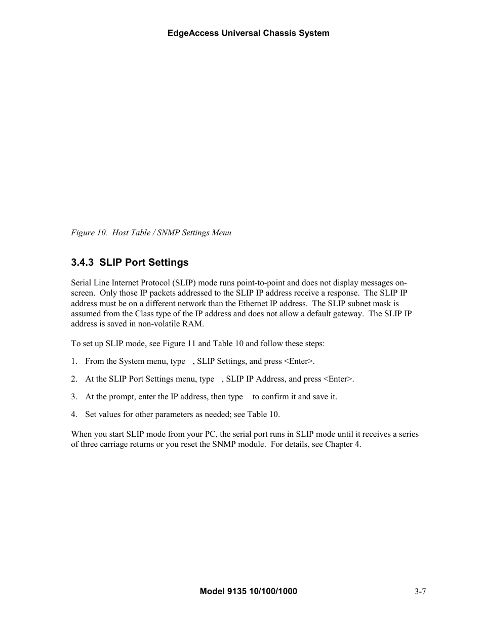 3slip port settings, Slip port settings -7, Figure 10. host table / snmp settings menu -7 | 3 slip port settings | CANOGA PERKINS 9135 SNMP Managed 10/100/1000 Ethernet Switch User Manual | Page 23 / 54