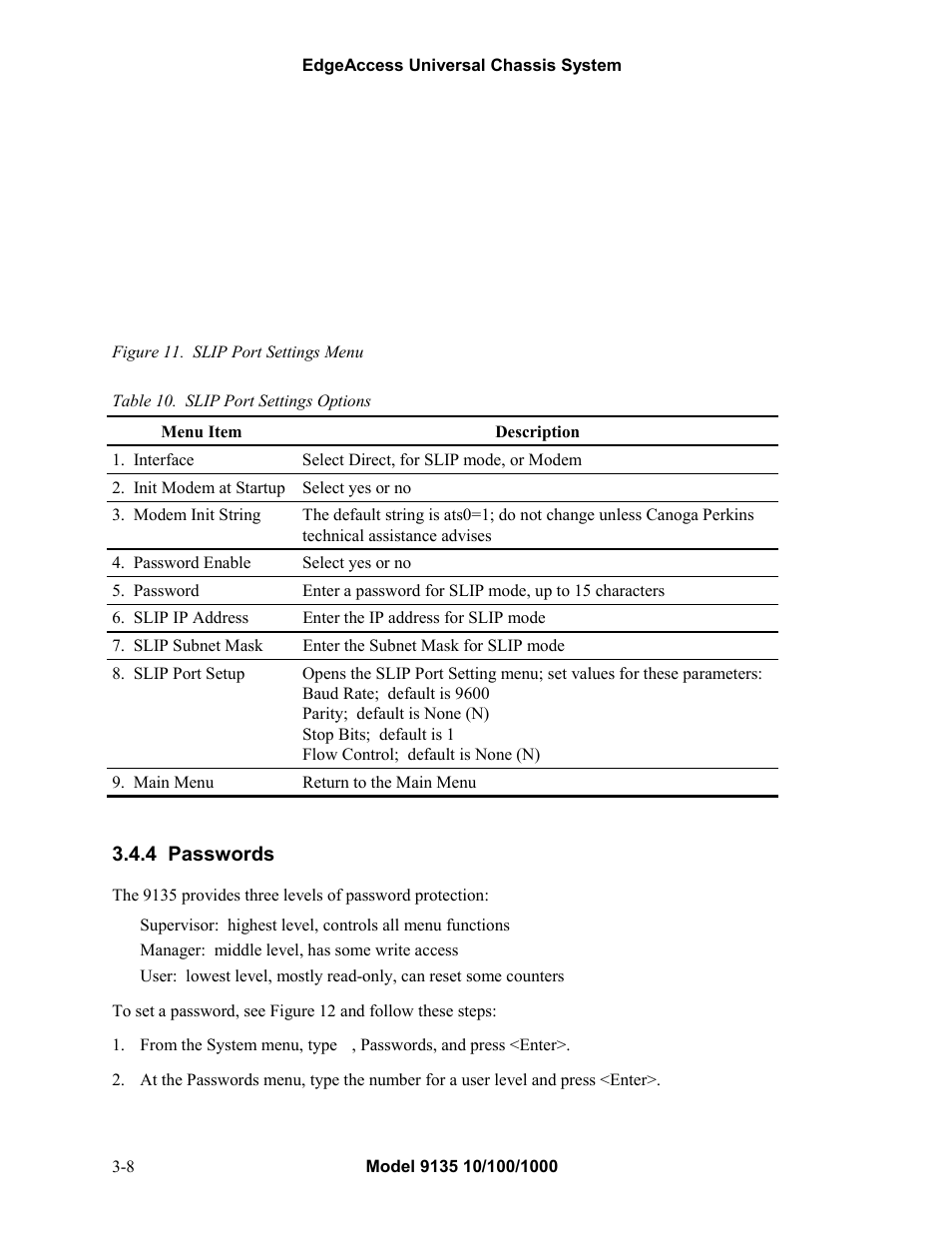 4passwords, Passwords -8, Figure 11. slip port settings menu -8 | Table 10. slip port settings options -8, 4 passwords | CANOGA PERKINS 9135 SNMP Managed 10/100/1000 Ethernet Switch User Manual | Page 24 / 54