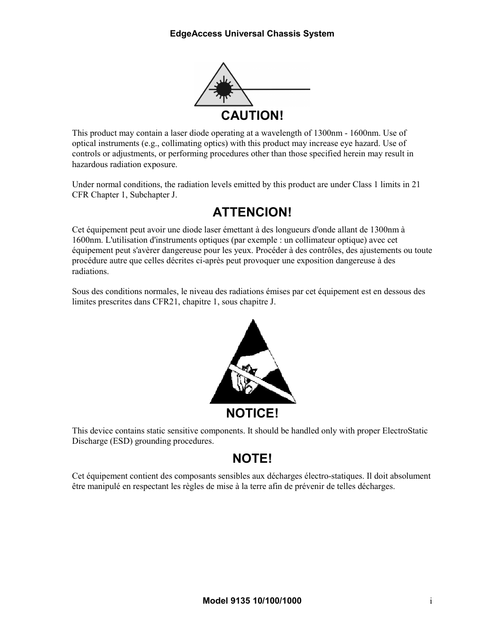 Caution, Attencion, Notice | CANOGA PERKINS 9135 SNMP Managed 10/100/1000 Ethernet Switch User Manual | Page 3 / 54