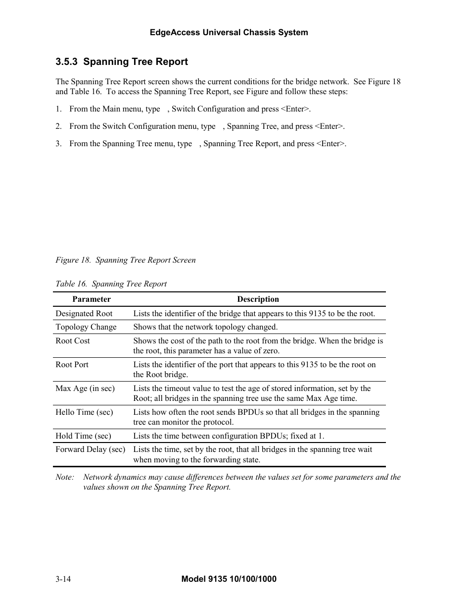 3spanning tree report, Spanning tree report -14, Figure 18. spanning tree report screen -14 | Table 16. spanning tree report -14, 3 spanning tree report | CANOGA PERKINS 9135 SNMP Managed 10/100/1000 Ethernet Switch User Manual | Page 30 / 54