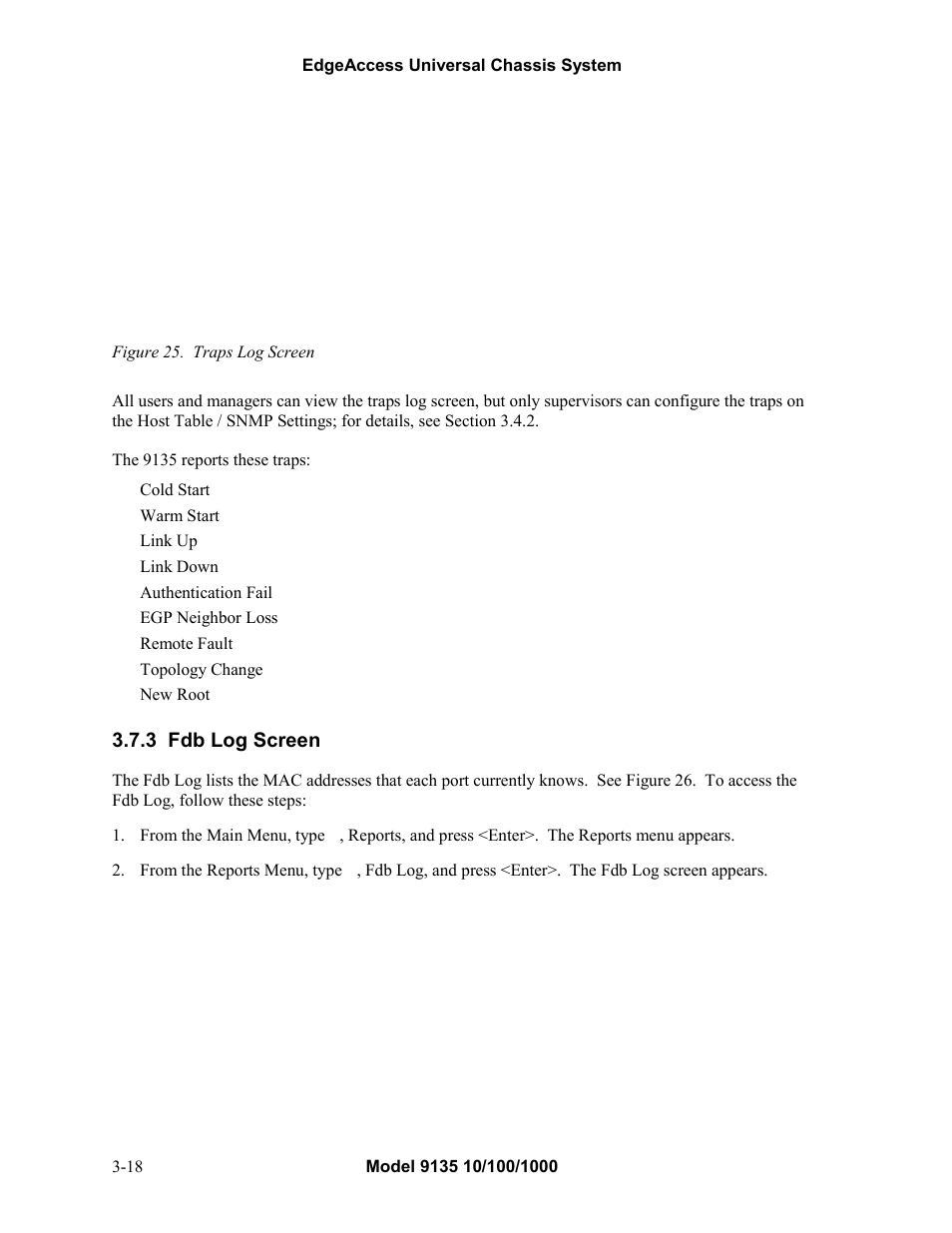 3fdb log screen, Fdb log screen -18, Figure 25. traps log screen -18 | 3 fdb log screen | CANOGA PERKINS 9135 SNMP Managed 10/100/1000 Ethernet Switch User Manual | Page 34 / 54