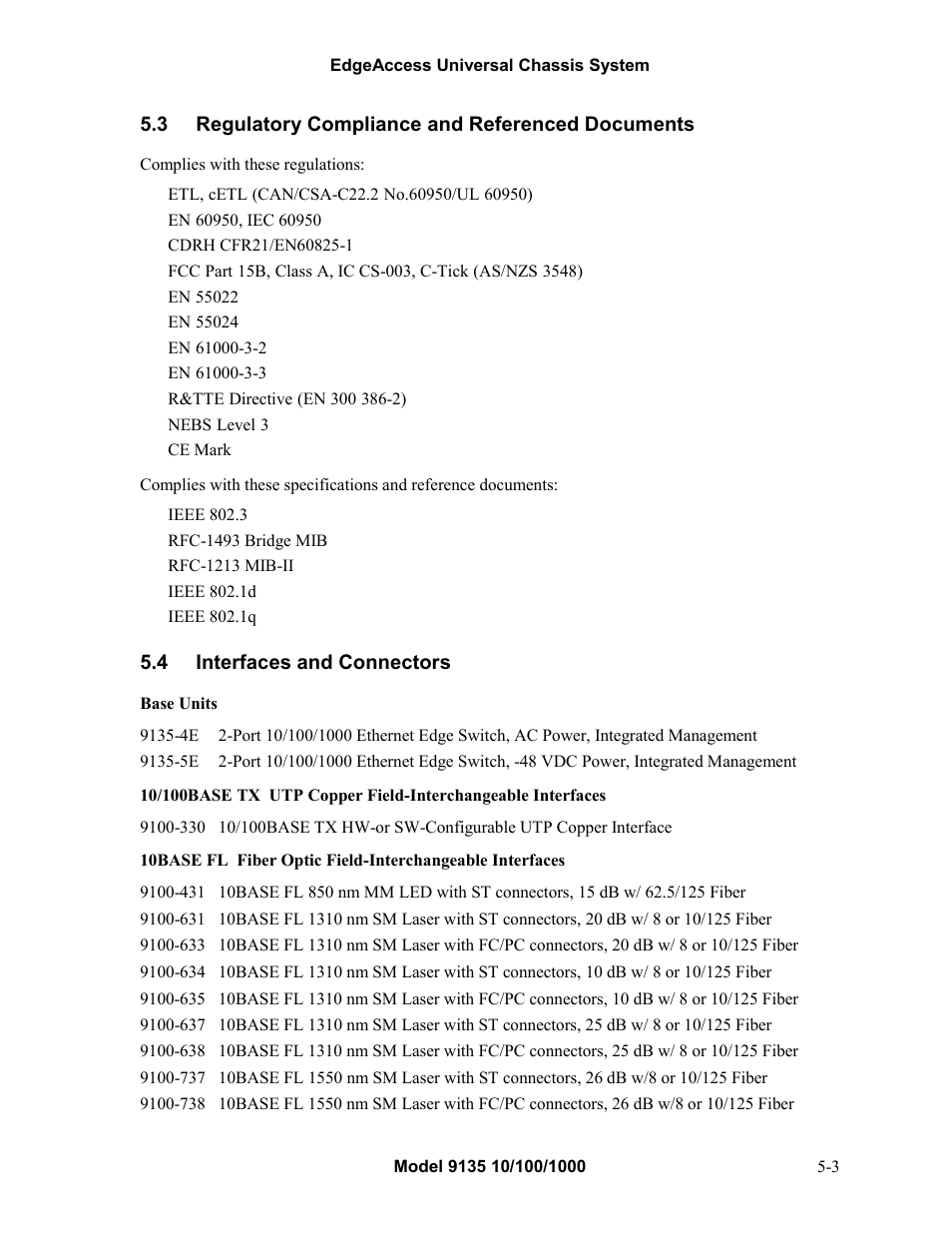 3regulatory compliance and referenced documents, 4interfaces and connectors, Regulatory compliance and referenced documents -3 | Interfaces and connectors -3 | CANOGA PERKINS 9135 SNMP Managed 10/100/1000 Ethernet Switch User Manual | Page 45 / 54