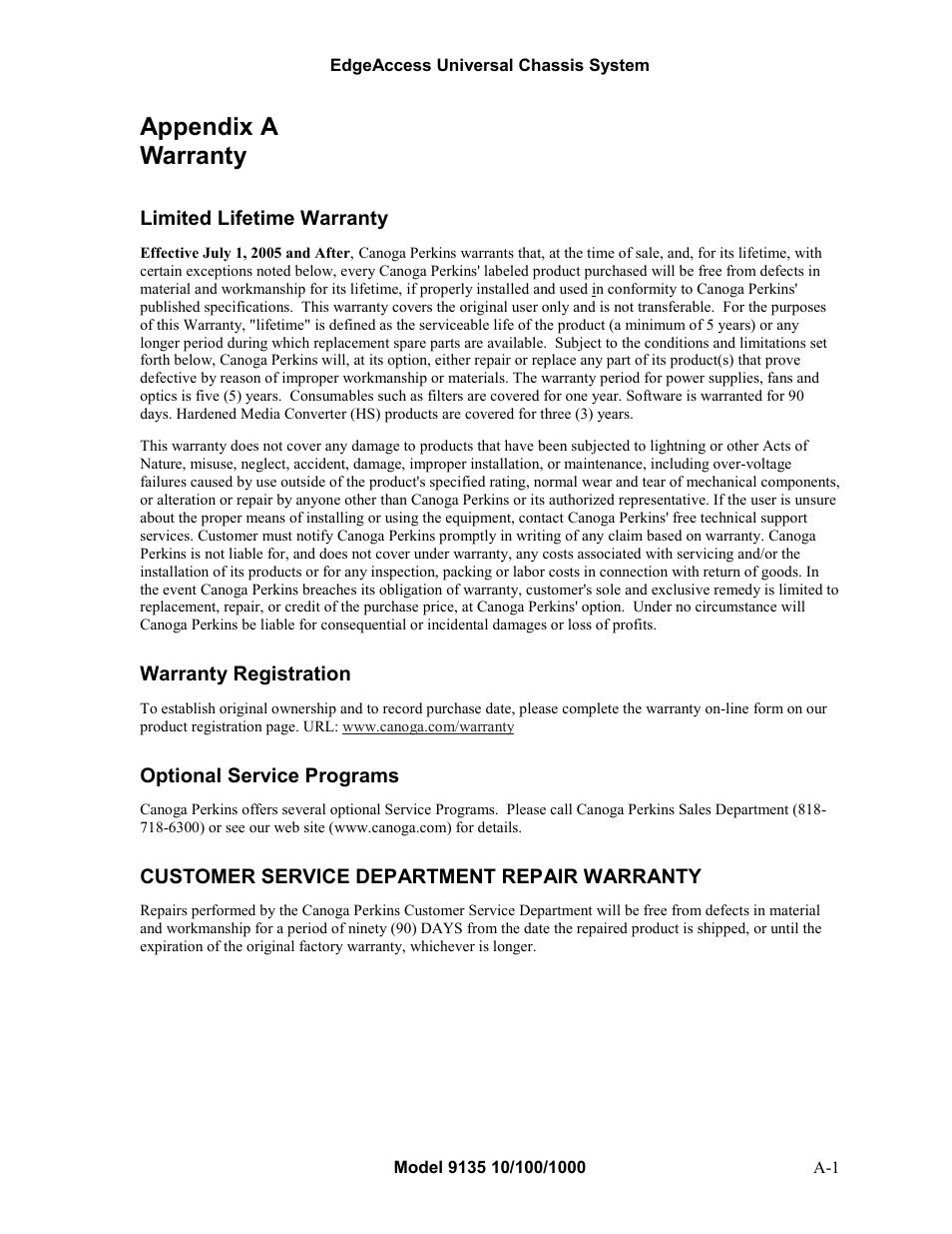 Appendix a warranty | CANOGA PERKINS 9135 SNMP Managed 10/100/1000 Ethernet Switch User Manual | Page 51 / 54