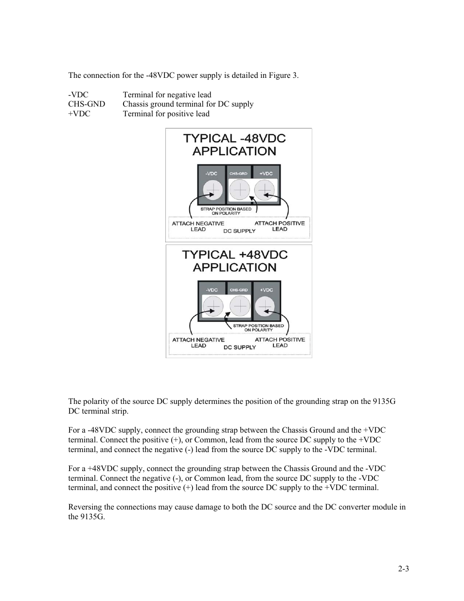 2 dc power entry, 2 dc power entry -3, Figure 3. typical dc power supply connections -3 | CANOGA PERKINS 9135G SNMP Managed Gigabit Ethernet Switch User Manual | Page 11 / 66