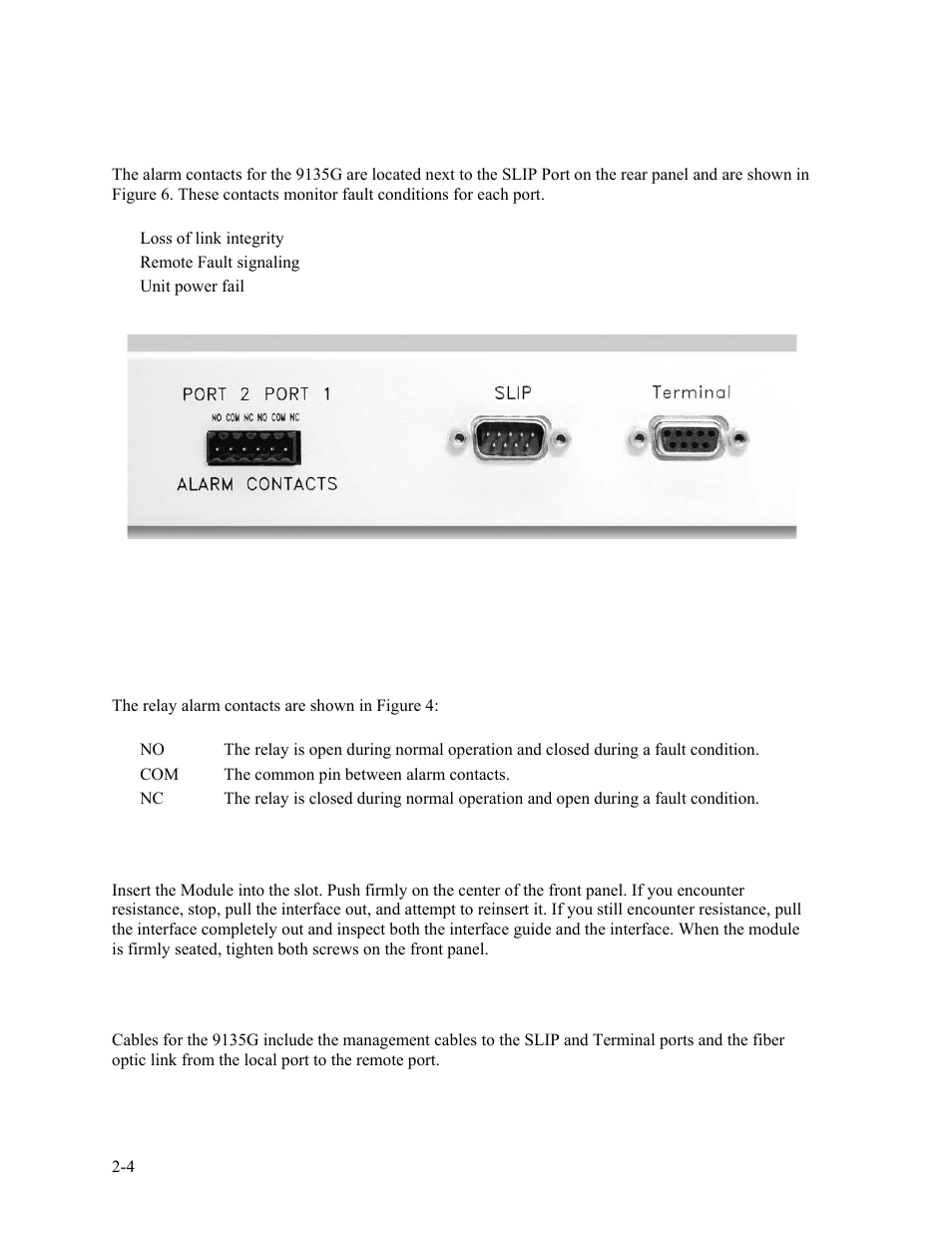 4 relay contacts, 5 installing modules, 6 cabling | 4 relay, Contacts -4, 5 installing, Modules -4, 6 cabling -4, Figure 4. relay contacts on rear panel -4 | CANOGA PERKINS 9135G SNMP Managed Gigabit Ethernet Switch User Manual | Page 12 / 66