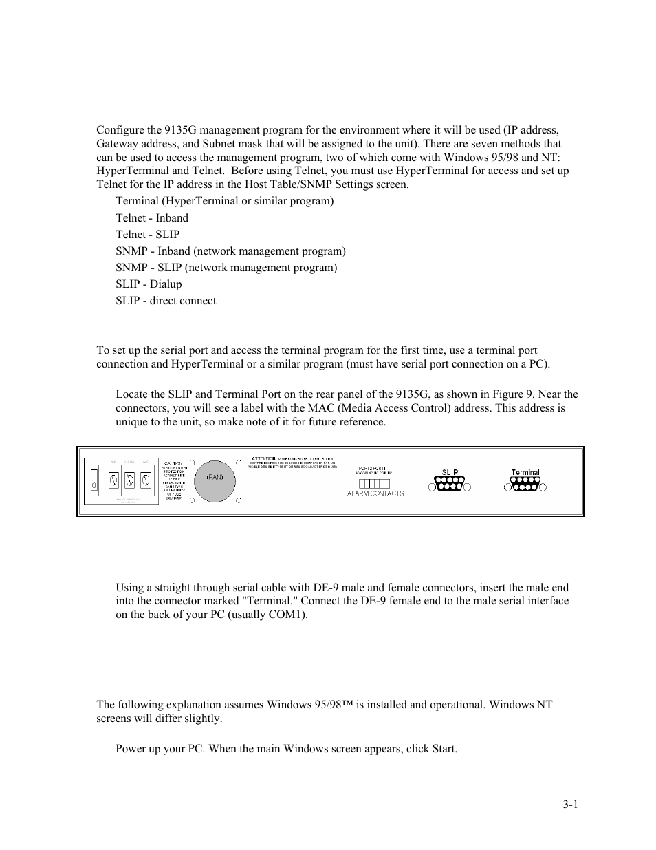 Chapter 3 management, 1 setup and configuration of the serial port, 1 pc configuration for terminal operation | Chapter 3 management -1, Setup and configuration of the serial port -1, 1 pc configuration for terminal operation -1 | CANOGA PERKINS 9135G SNMP Managed Gigabit Ethernet Switch User Manual | Page 17 / 66