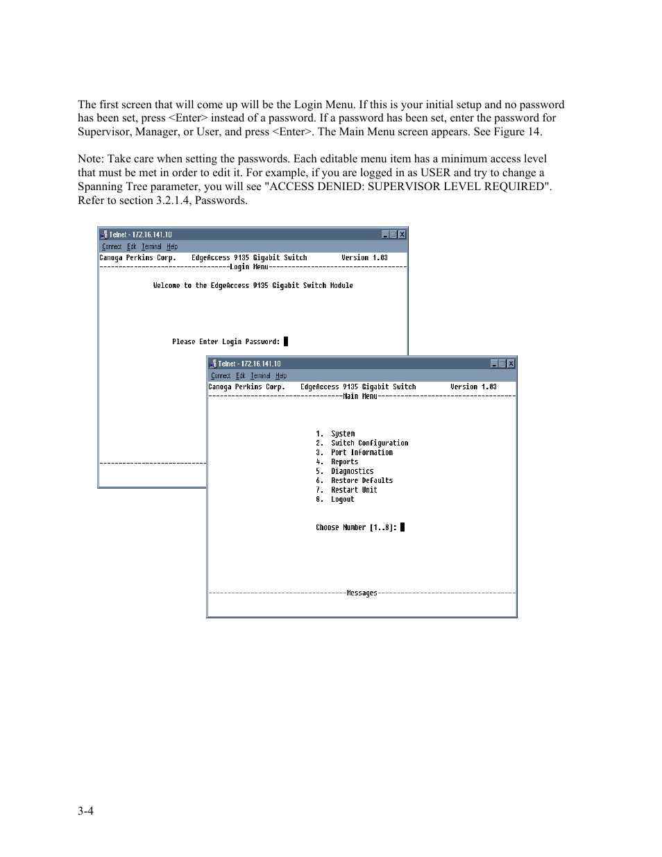 2 operation of the 9135g management program, Operation of the 9135g management program -4, Figure 14. main menu -4 | CANOGA PERKINS 9135G SNMP Managed Gigabit Ethernet Switch User Manual | Page 20 / 66