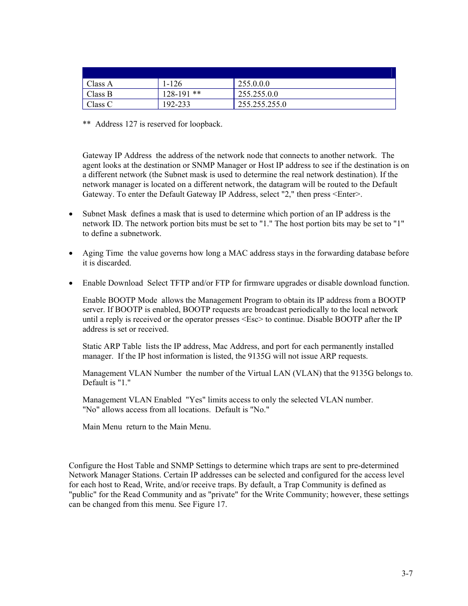 First octet of agent ip address, 2 host table / snmp settings, Table 5. agent ip address -7 | CANOGA PERKINS 9135G SNMP Managed Gigabit Ethernet Switch User Manual | Page 23 / 66