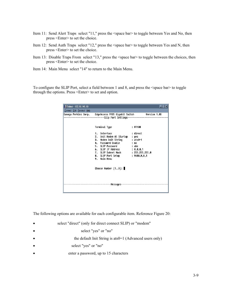 3 slip port settings, Figure 18. slip port settings menu -9 | CANOGA PERKINS 9135G SNMP Managed Gigabit Ethernet Switch User Manual | Page 25 / 66