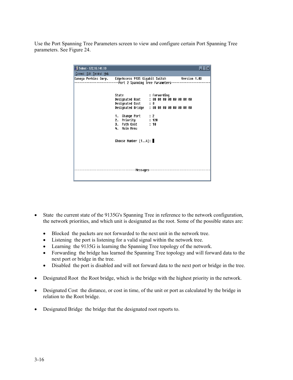 3 port spanning tree parameters, Figure 24. port spanning tree parameters -16 | CANOGA PERKINS 9135G SNMP Managed Gigabit Ethernet Switch User Manual | Page 32 / 66