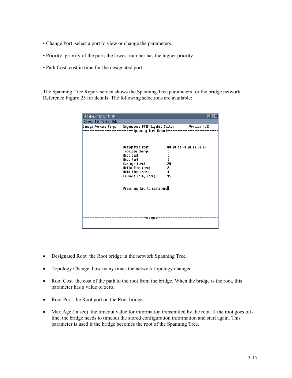 4 spanning tree reports, Figure 25. spanning tree report screen -17 | CANOGA PERKINS 9135G SNMP Managed Gigabit Ethernet Switch User Manual | Page 33 / 66
