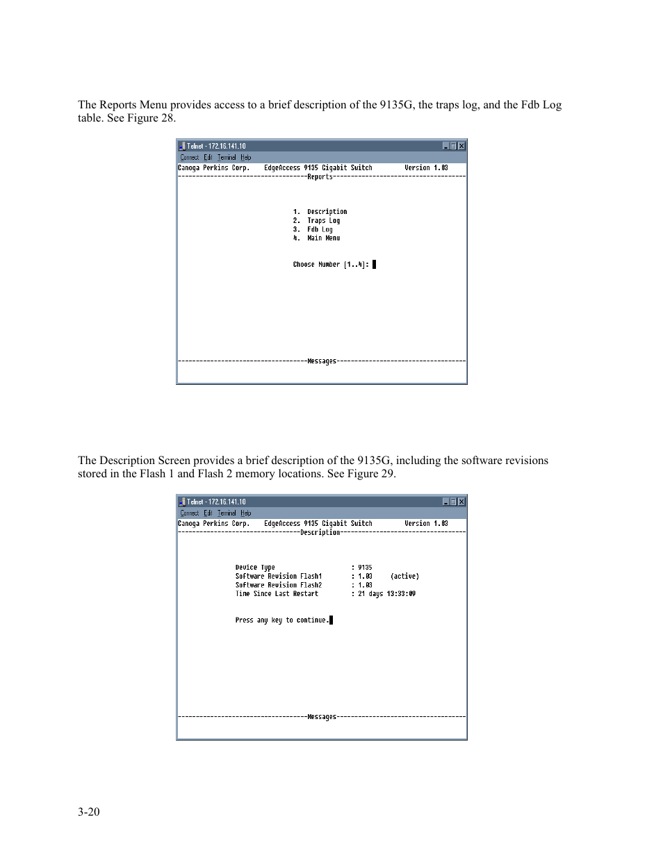 4 reports, 1 description screen, 4 reports -20 | CANOGA PERKINS 9135G SNMP Managed Gigabit Ethernet Switch User Manual | Page 36 / 66