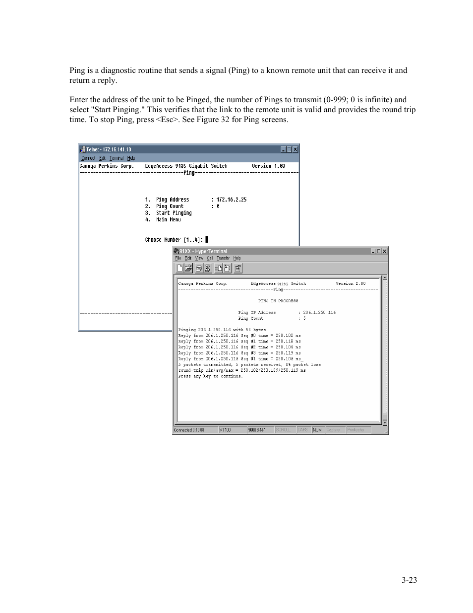 1 ping, Figure 32. ping screens -23 | CANOGA PERKINS 9135G SNMP Managed Gigabit Ethernet Switch User Manual | Page 39 / 66