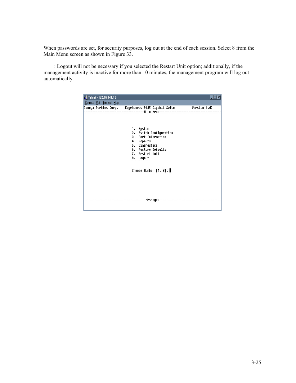 8 logout, 8 logout -25 | CANOGA PERKINS 9135G SNMP Managed Gigabit Ethernet Switch User Manual | Page 41 / 66