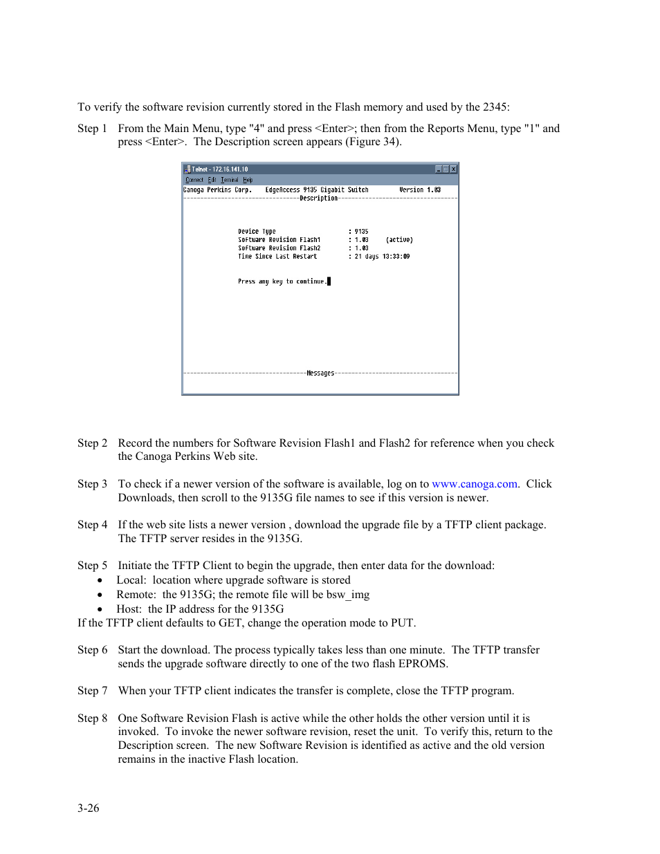 Figure 34. software revision check -26 | CANOGA PERKINS 9135G SNMP Managed Gigabit Ethernet Switch User Manual | Page 42 / 66