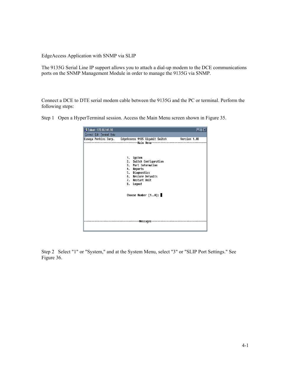 Chapter 4 slip instructions, 1 configuring the 9135g for slip, Chapter 4 slip instructions -1 | Configuring the 9135g for slip -1, Figure 35. main menu screen -1 | CANOGA PERKINS 9135G SNMP Managed Gigabit Ethernet Switch User Manual | Page 45 / 66