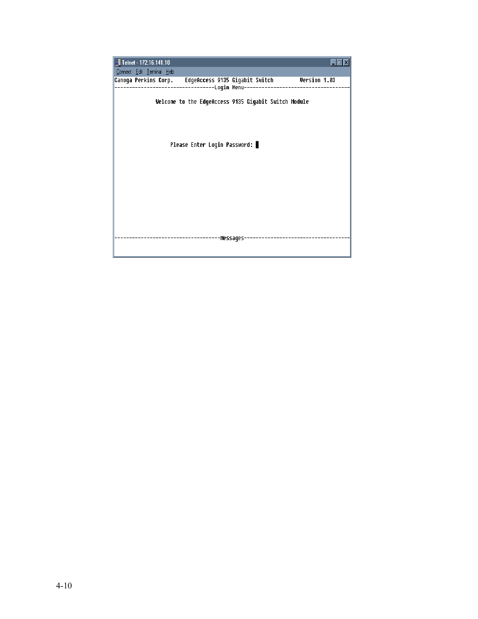 Figure 51. successful telnet session -10 | CANOGA PERKINS 9135G SNMP Managed Gigabit Ethernet Switch User Manual | Page 54 / 66
