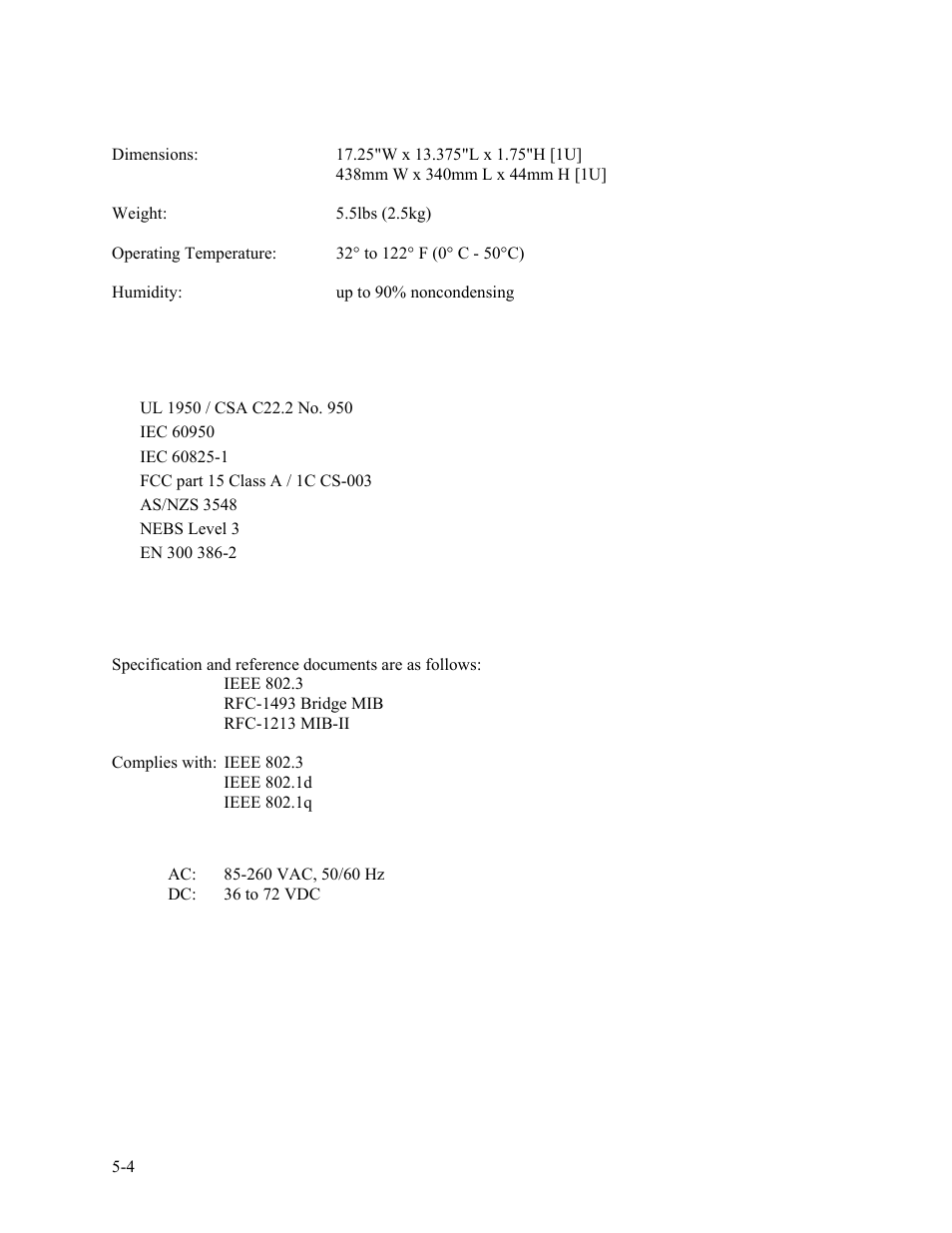 5 physical / environmental, 6 regulatory compliance, 7 referenced documents | 8 power, Physical / environmental -4, 6 regulatory, Compliance -4, 7 referenced, Documents -4, 8 power -4 | CANOGA PERKINS 9135G SNMP Managed Gigabit Ethernet Switch User Manual | Page 58 / 66